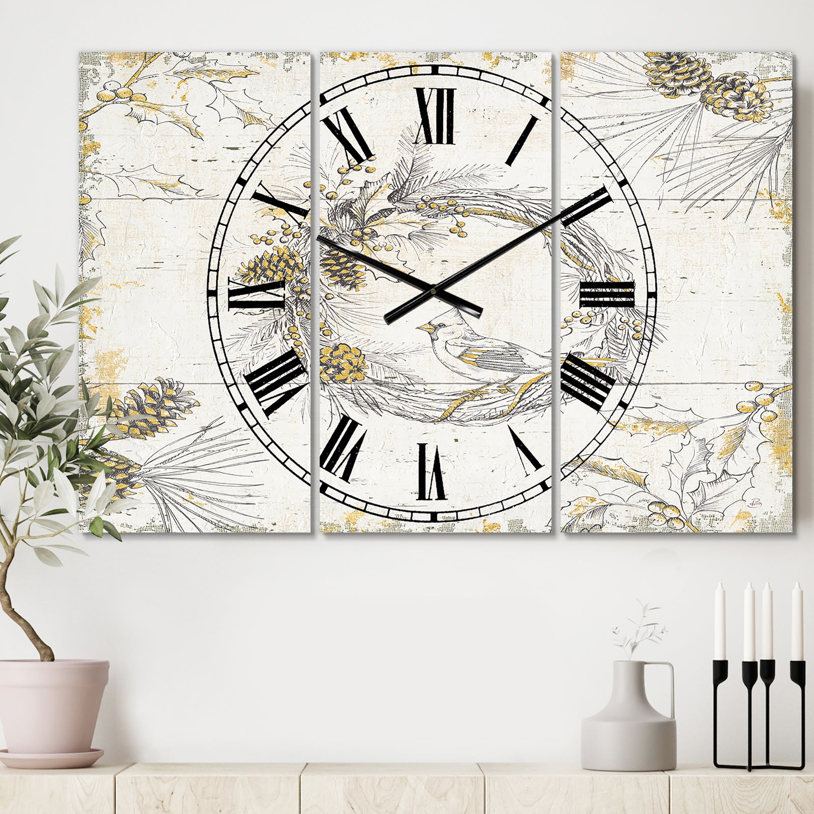 Gold Beautiful cardinals - Cottage 3 Panels Large Wall CLock