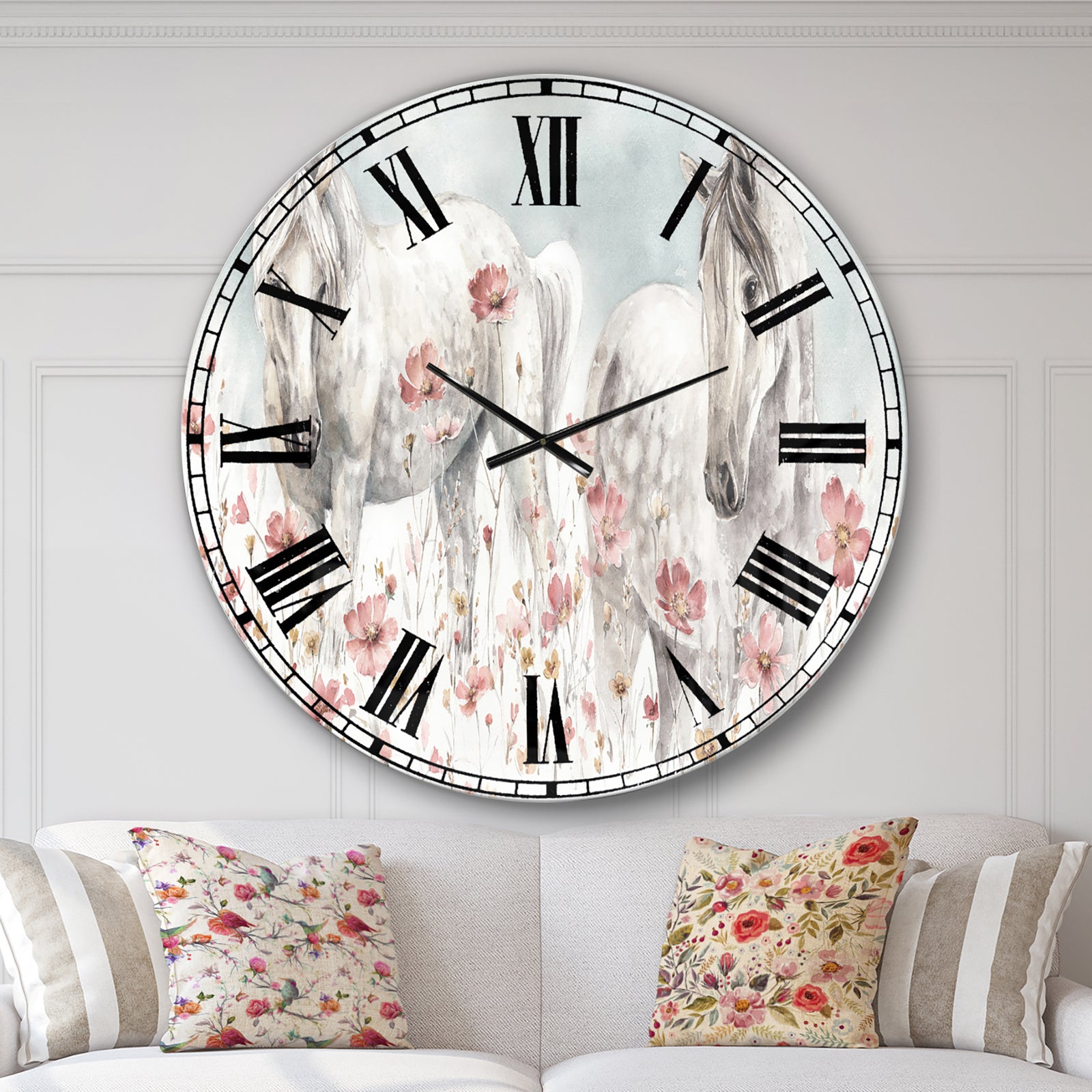 watercolors Pink Wild Horses  - Farmhouse Large Wall CLock
