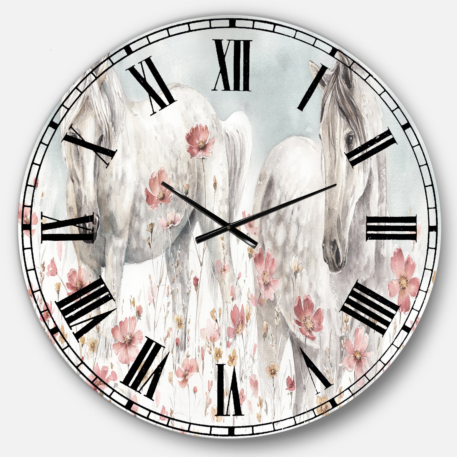 watercolors Pink Wild Horses  - Farmhouse Large Wall CLock