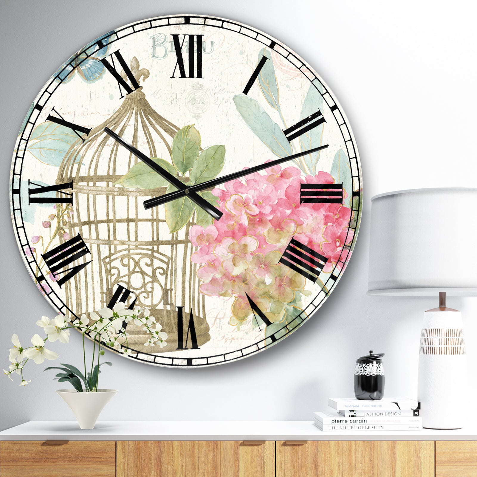 Vintage Floral Birdcage I - Traditional Large Wall CLock