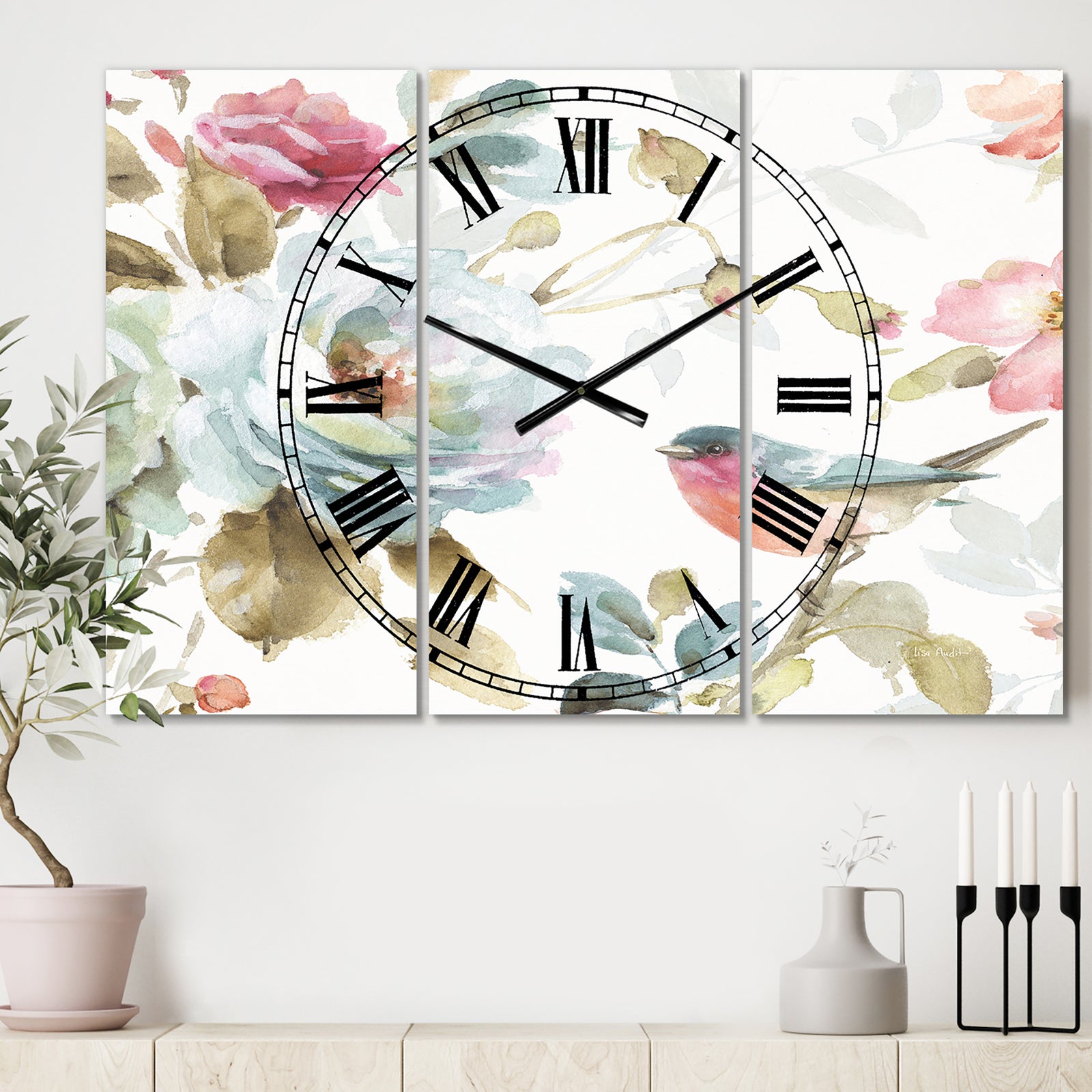 Beautiful Bird Romance I - Cottage 3 Panels Oversized Wall CLock