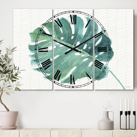 Mixed Botanical Green Leaves IV - Cottage 3 Panels Large Wall CLock