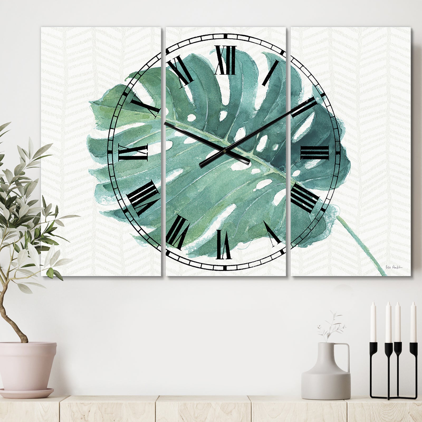 Mixed Botanical Green Leaves IV - Cottage 3 Panels Large Wall CLock
