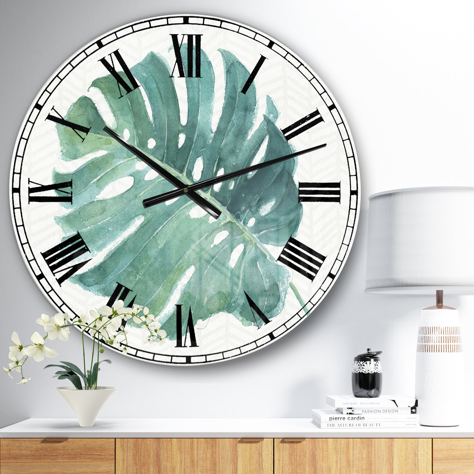 Mixed Botanical Green Leaves IV - Cottage Large Wall CLock