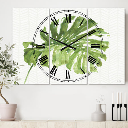 Mixed Botanical Green Leaves V - Cottage 3 Panels Large Wall CLock