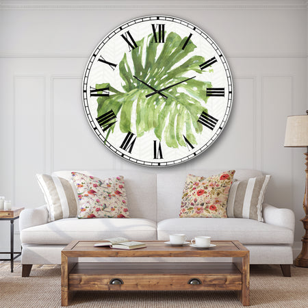Mixed Botanical Green Leaves V - Cottage Large Wall CLock