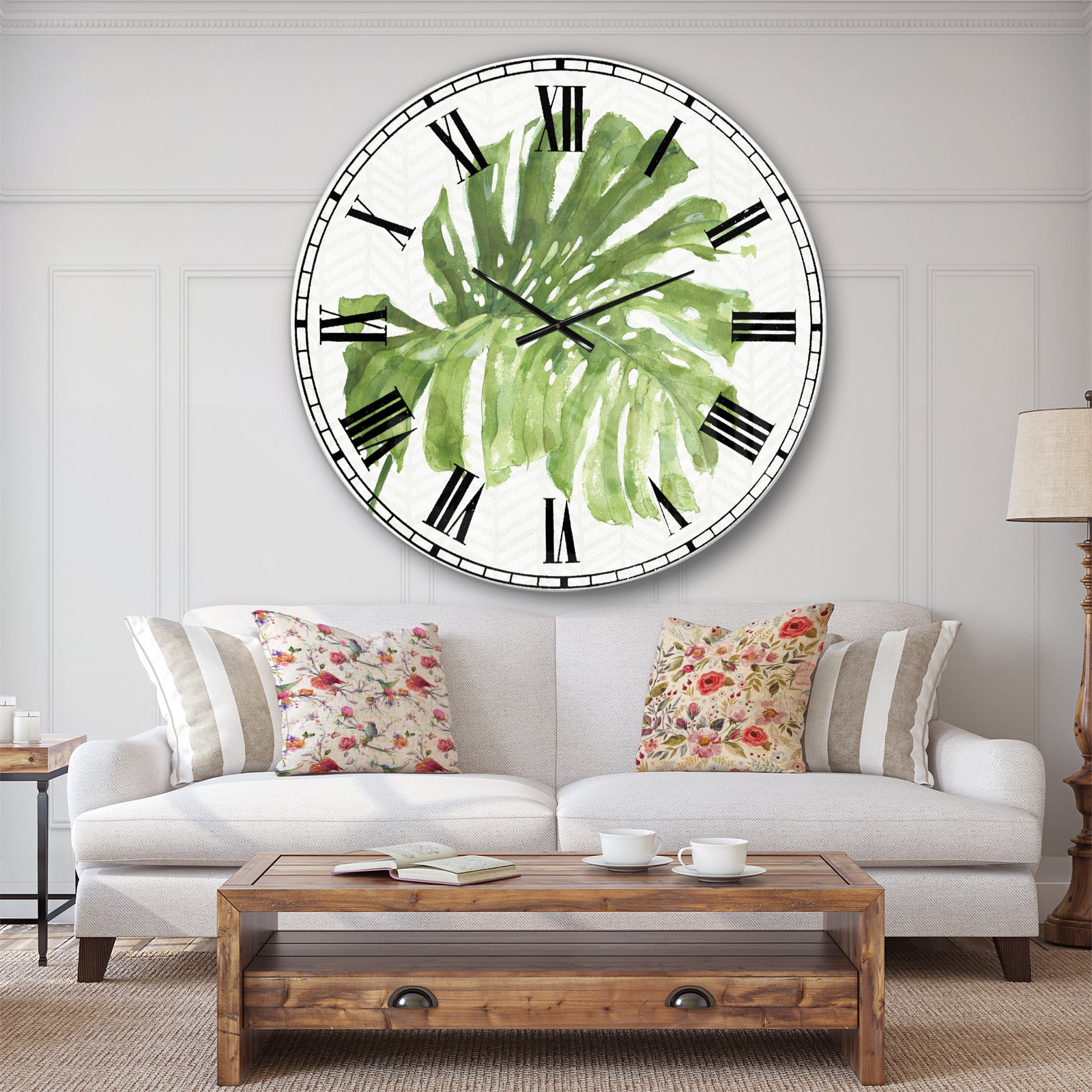 Mixed Botanical Green Leaves V - Cottage Large Wall CLock