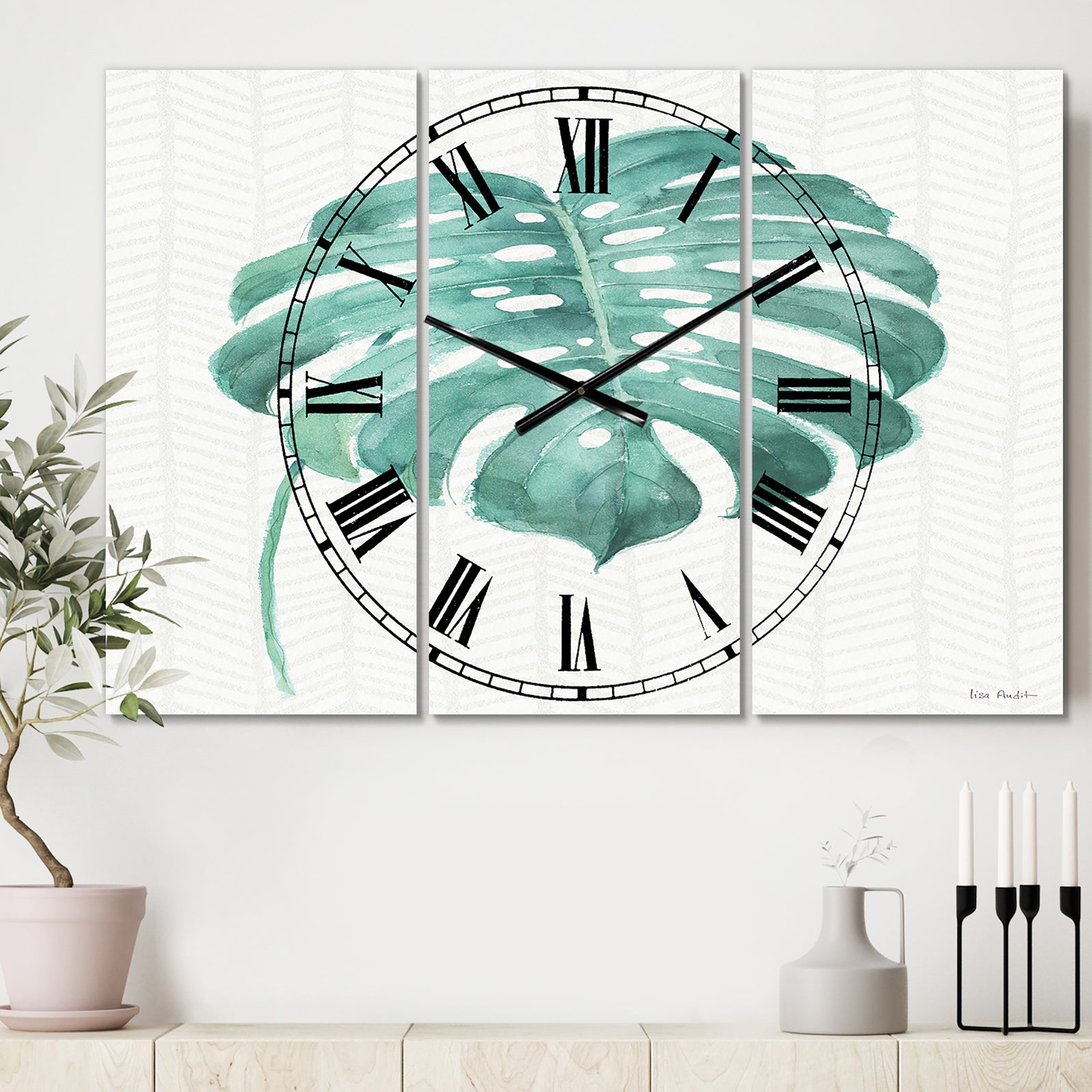 Mixed Botanical Green Leaves VI - Cottage 3 Panels Oversized Wall CLock