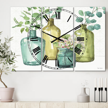 Mixed Botanical Green Leaves VIII - Cottage 3 Panels Large Wall CLock