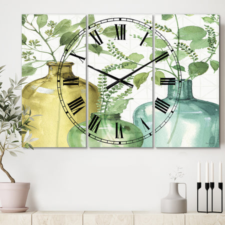 Mixed Botanical Green Leaves IX - Cottage 3 Panels Oversized Wall CLock