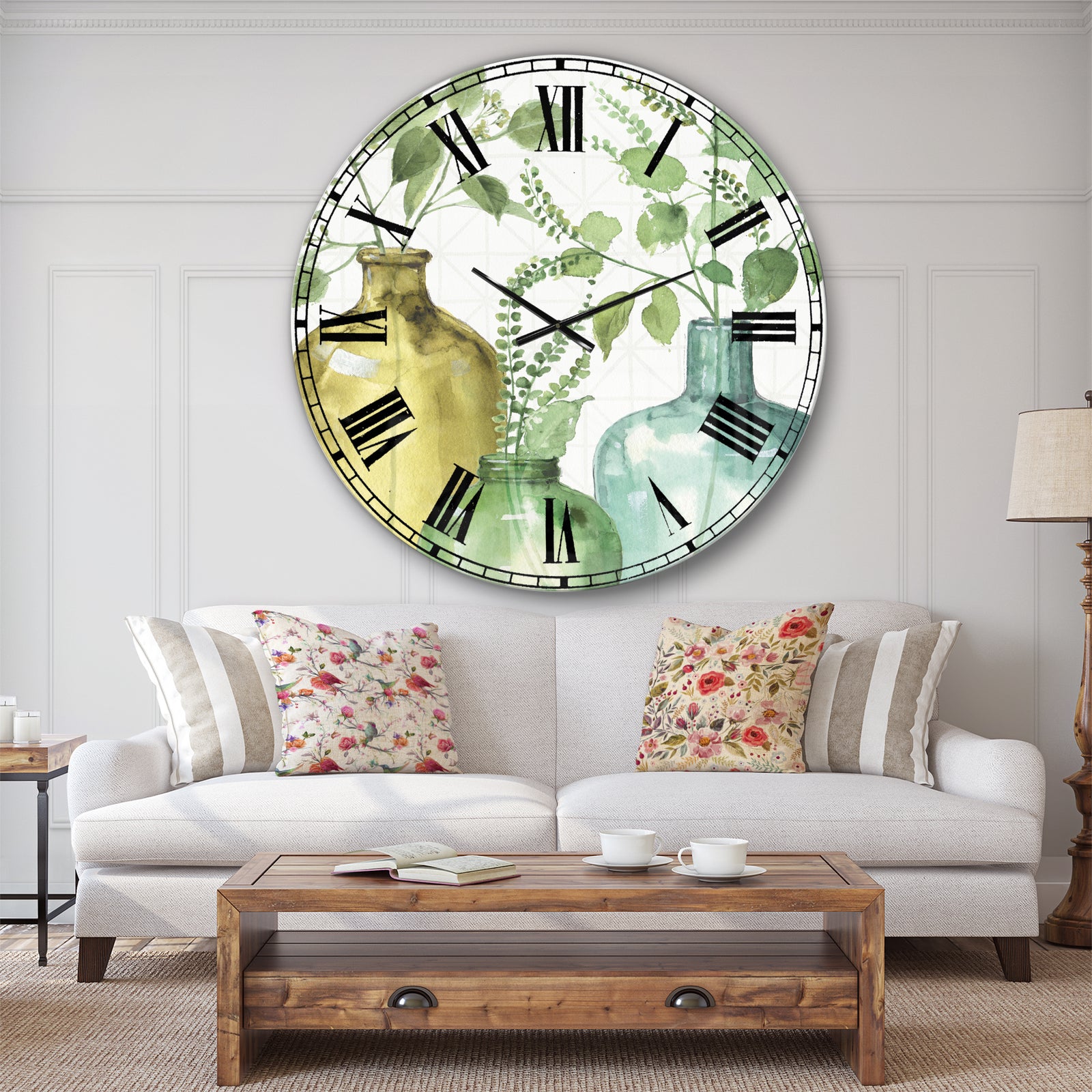 Mixed Botanical Green Leaves IX - Cottage Large Wall CLock