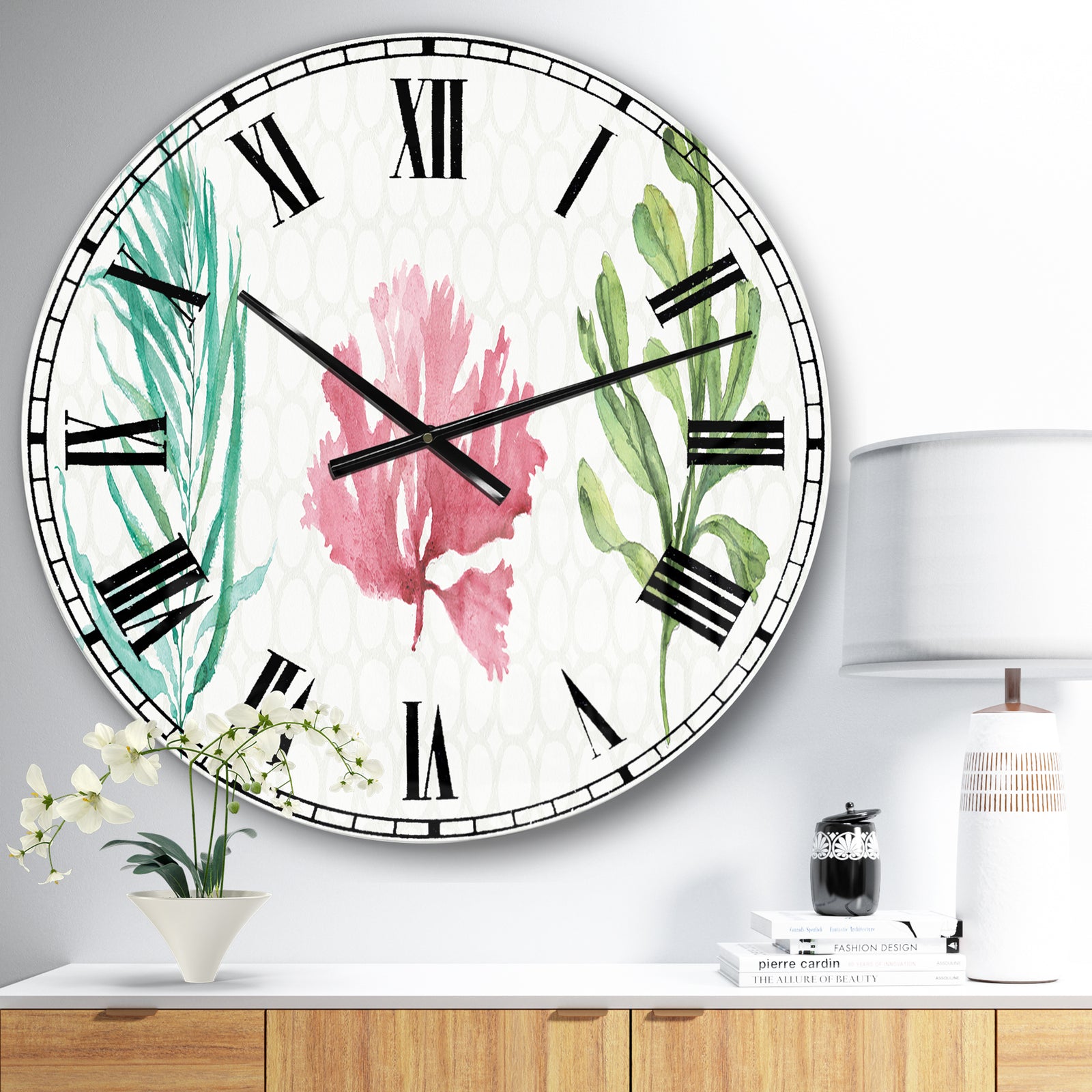 Mixed Botanical Green Leaves II - Farmhouse Large Wall CLock