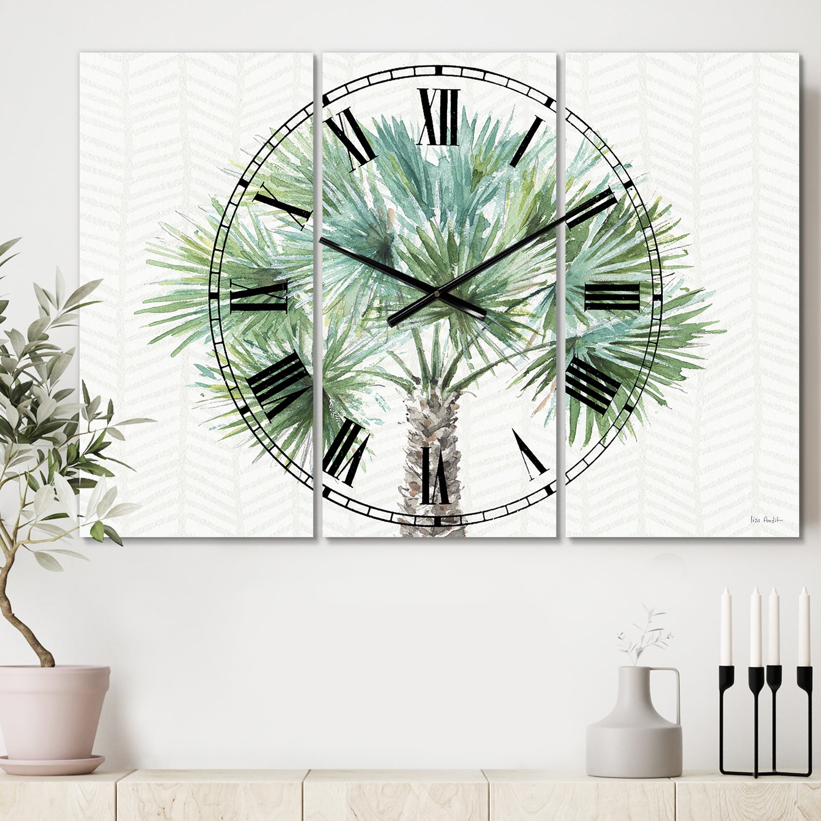 Mixed Botanical Greens palms III - Cottage 3 Panels Oversized Wall CLock