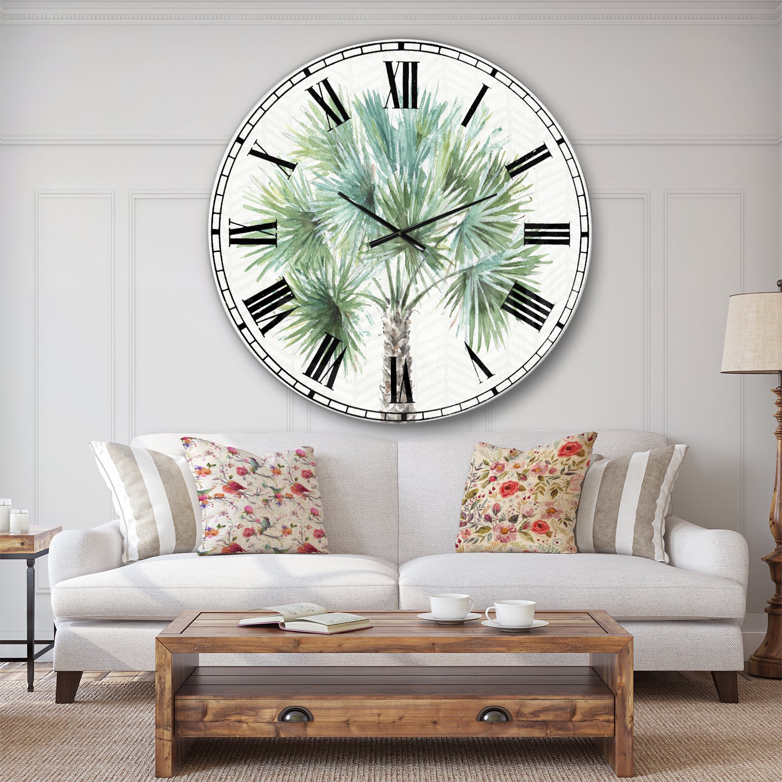 Mixed Botanical Greens palms III - Farmhouse Wall CLock
