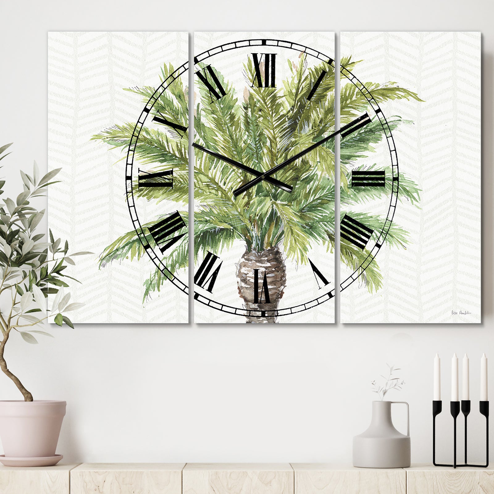 Porch & Den 'Botanical Greens palms IV - Tri-panel Metal Clock