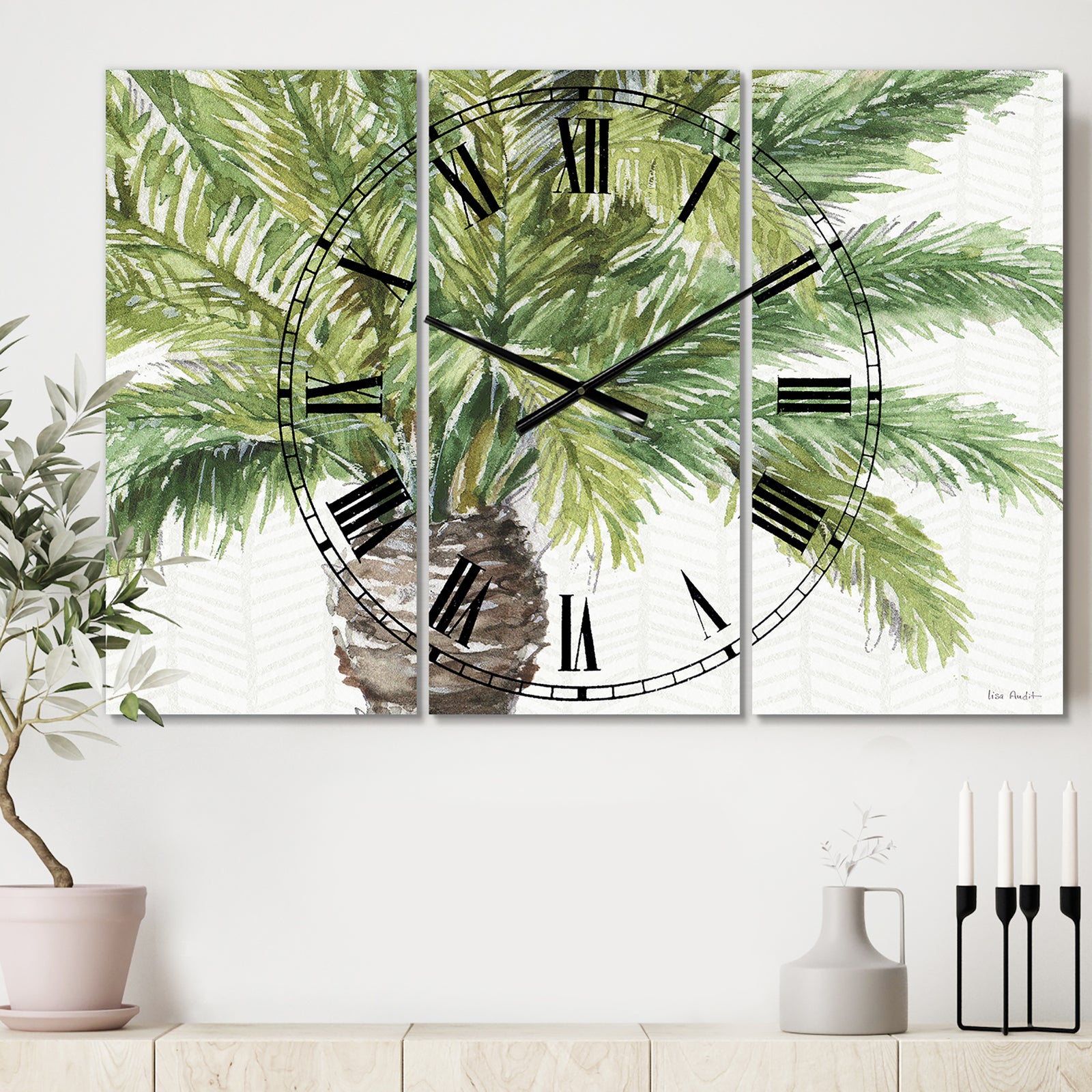 Mixed Botanical Greens palms V - Cottage 3 Panels Oversized Wall CLock