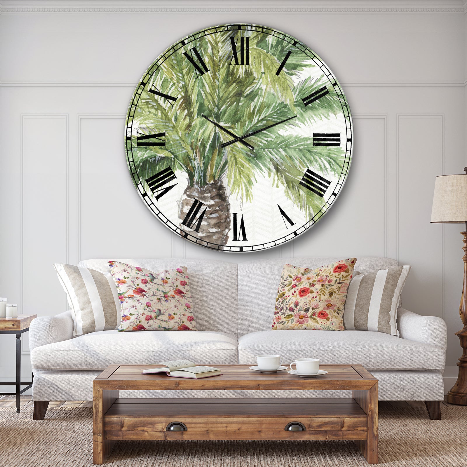 Mixed Botanical Greens palms V - Farmhouse Large Wall CLock