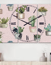 Potted Cactus on Pink Geometrical Pattern - Cottage 3 Panels Oversized Wall CLock