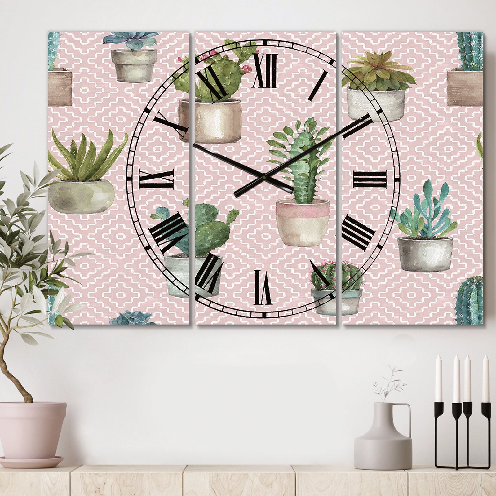 Potted Cactus on Pink Geometrical Pattern - Cottage 3 Panels Oversized Wall CLock