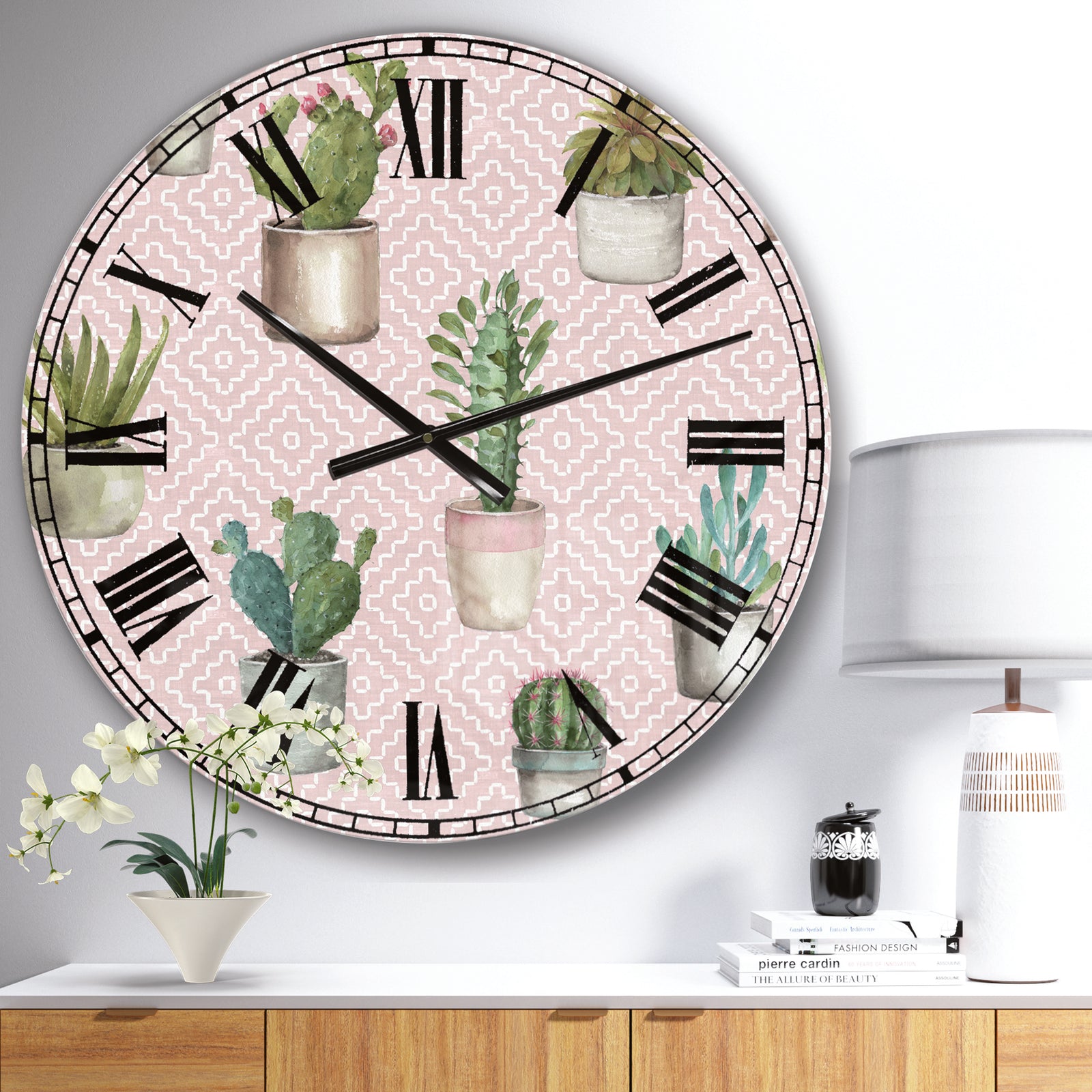 Potted Cactus on Pink Geometrical Pattern - Cottage Large Wall CLock