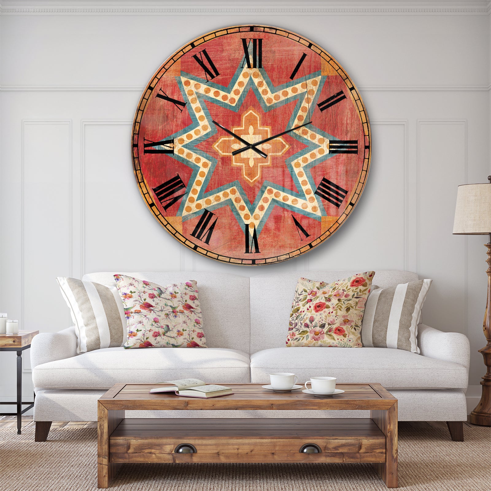 Moroccan Orange Tiles Collage I - Bohemian Chic Large Wall CLock