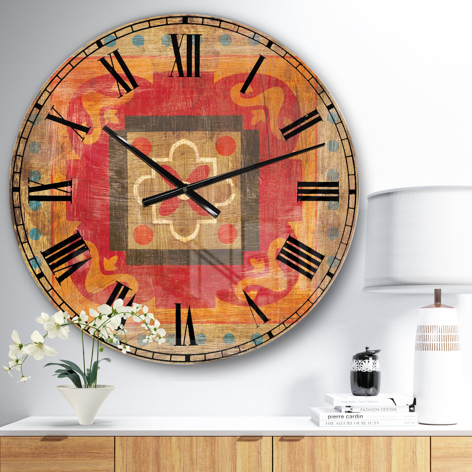 Moroccan Orange Tiles Collage II - Bohemian Chic Large Wall CLock