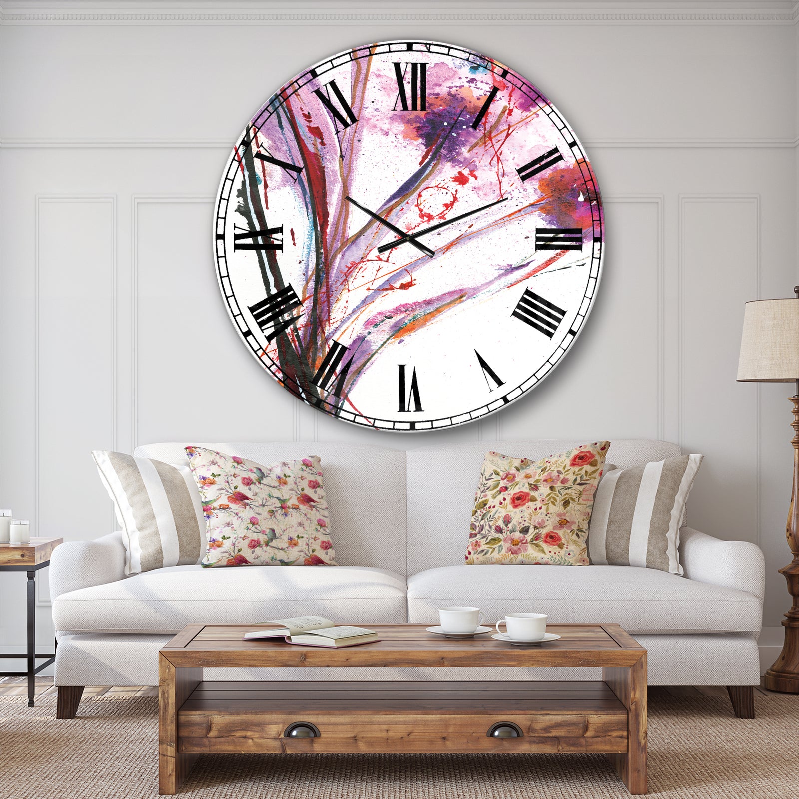 Abstract Purple Flowers - Traditional Oversized Wall CLock