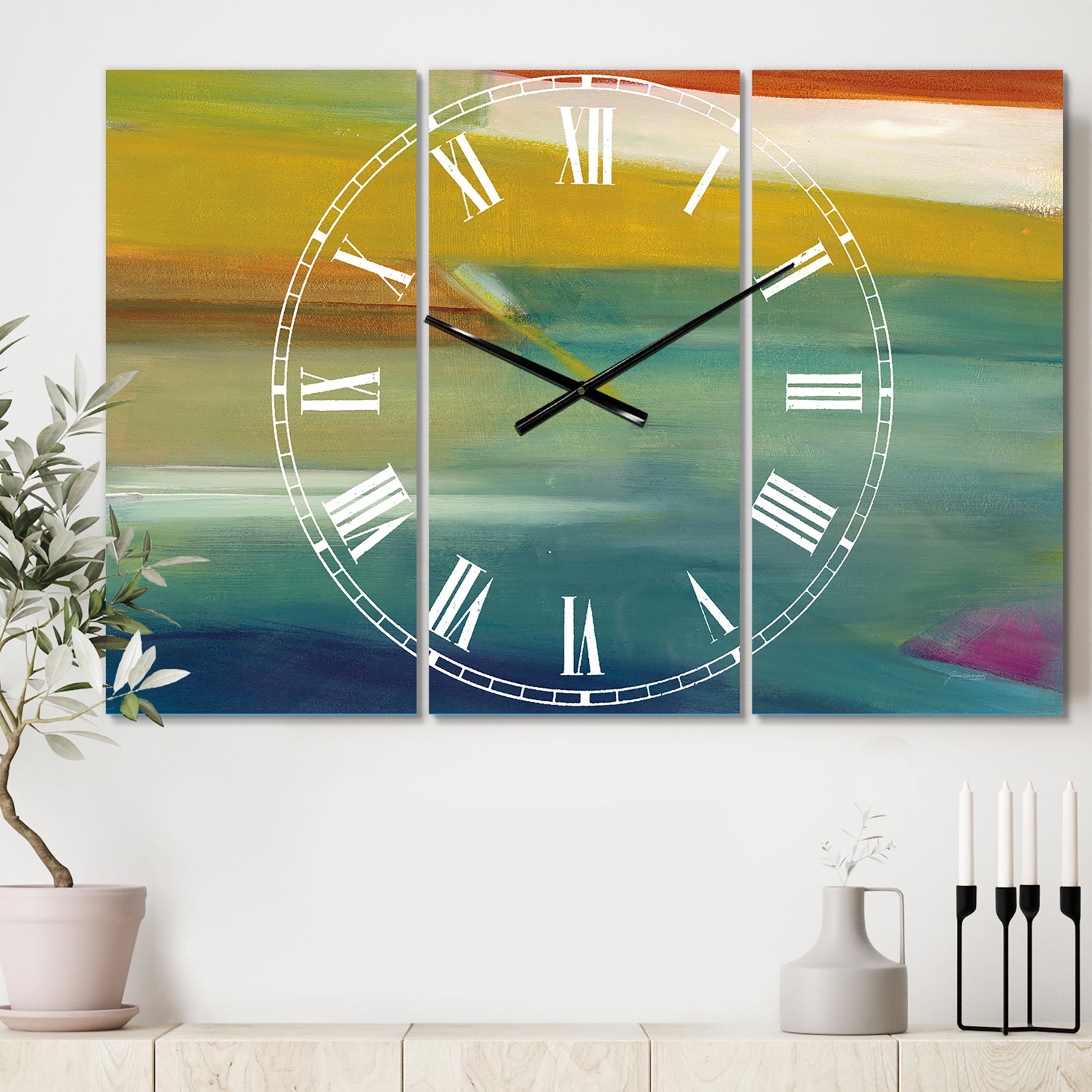 Waterpainting Impression of Indigo And Green - Cottage 3 Panels Oversized Wall CLock