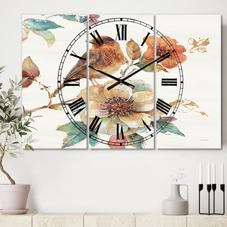 Farmhouse Bird on Flower Branch - Cottage 3 Panels Oversized Wall CLock