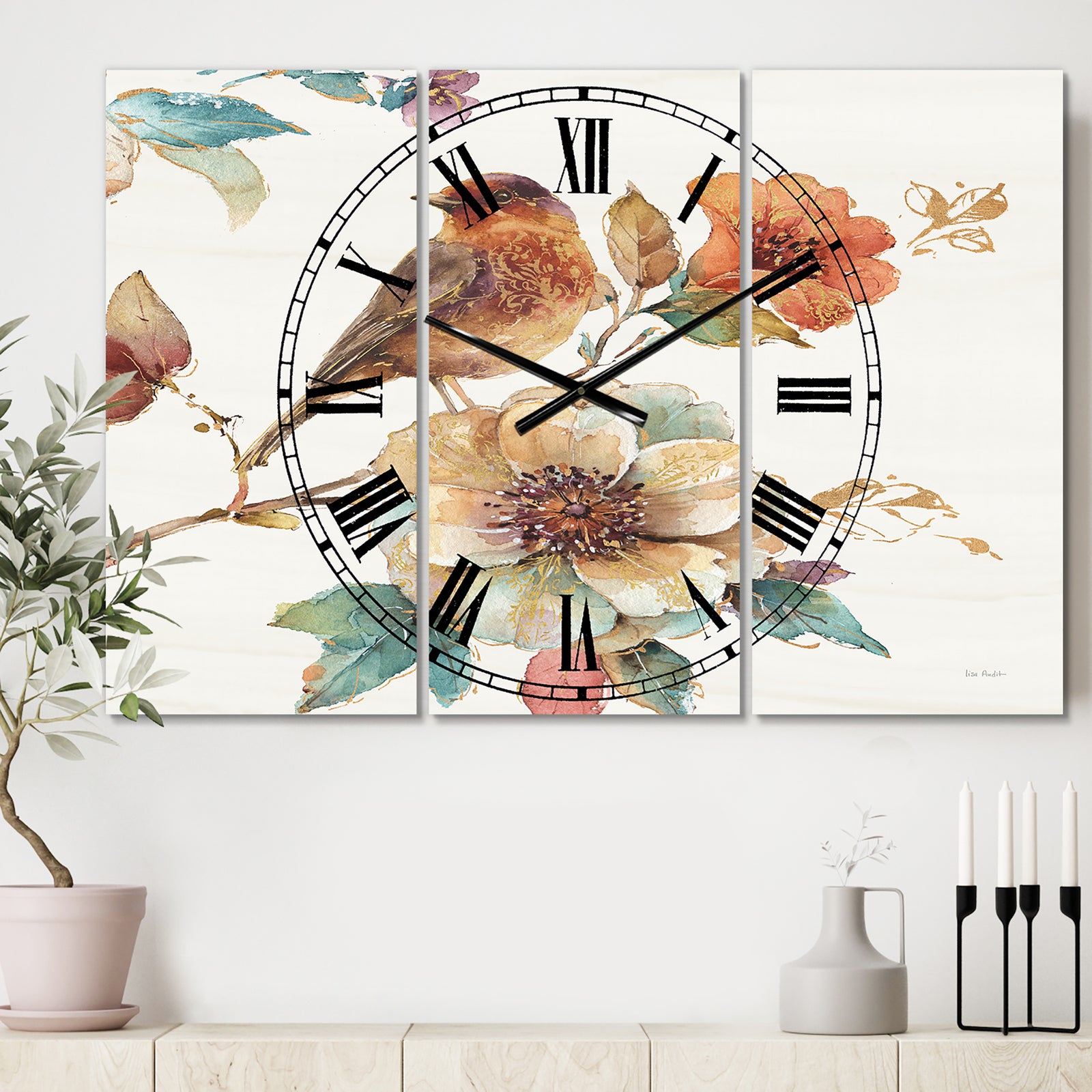 Farmhouse Bird on Flower Branch - Cottage 3 Panels Oversized Wall CLock