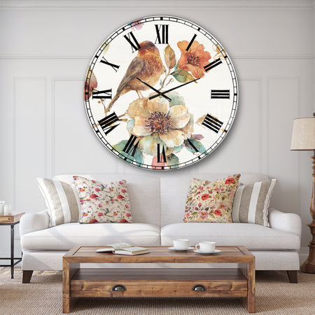 Farmhouse Bird on Flower Branch - Traditional Large Wall CLock
