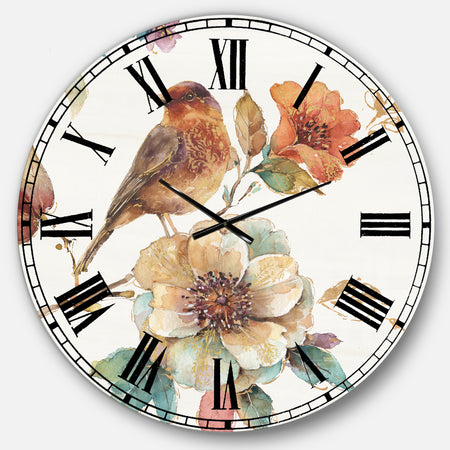 Farmhouse Bird on Flower Branch - Traditional Large Wall CLock