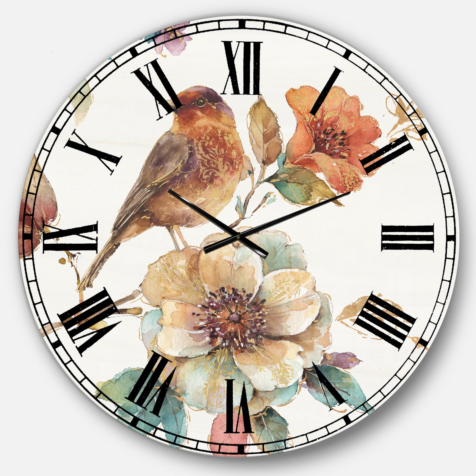 Farmhouse Bird on Flower Branch - Traditional Large Wall CLock