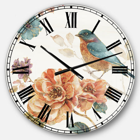 Cottage Bird on Orange Flower Twig - Traditional Wall CLock