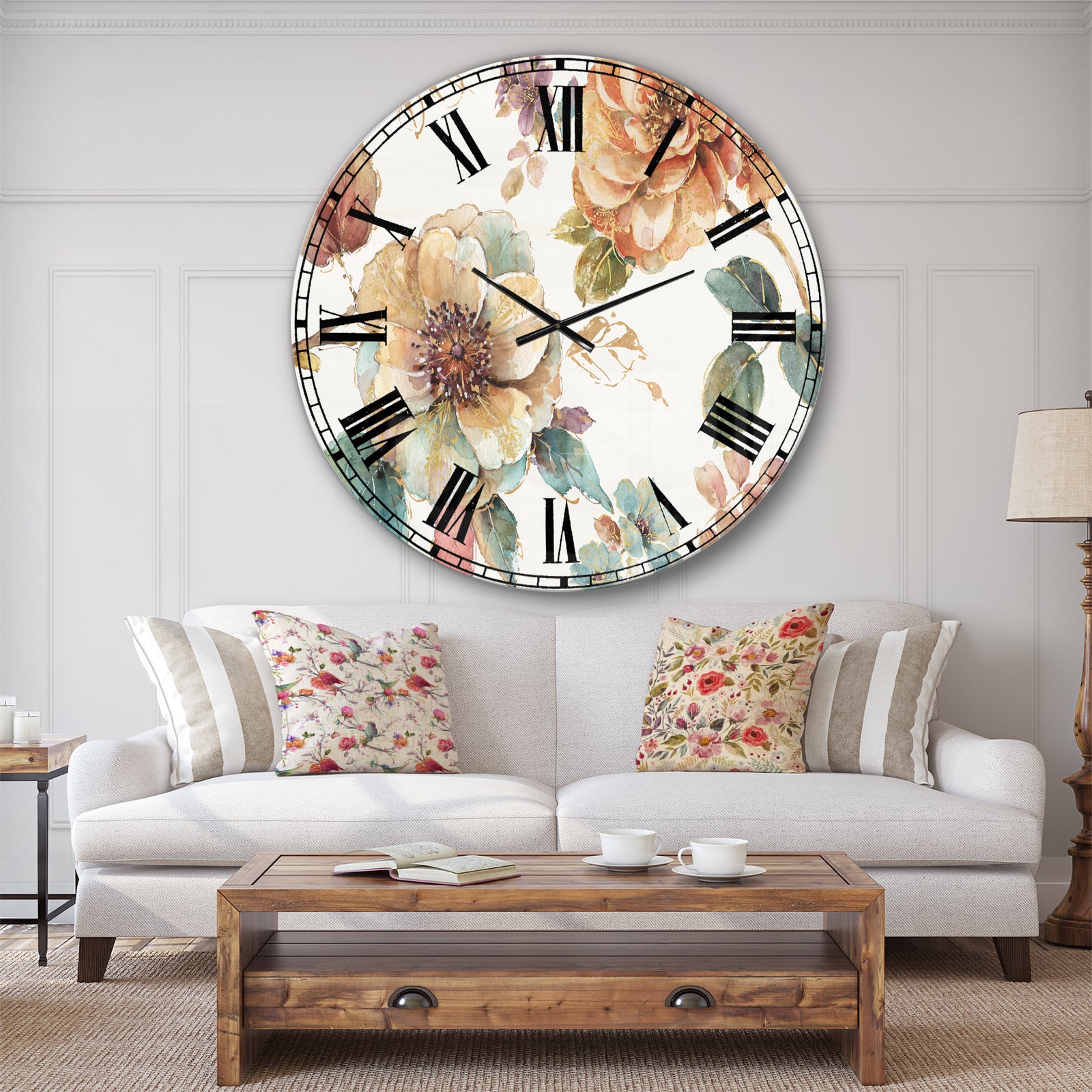 Orange and Cream Cottage Flowers Twig - Traditional Large Wall CLock
