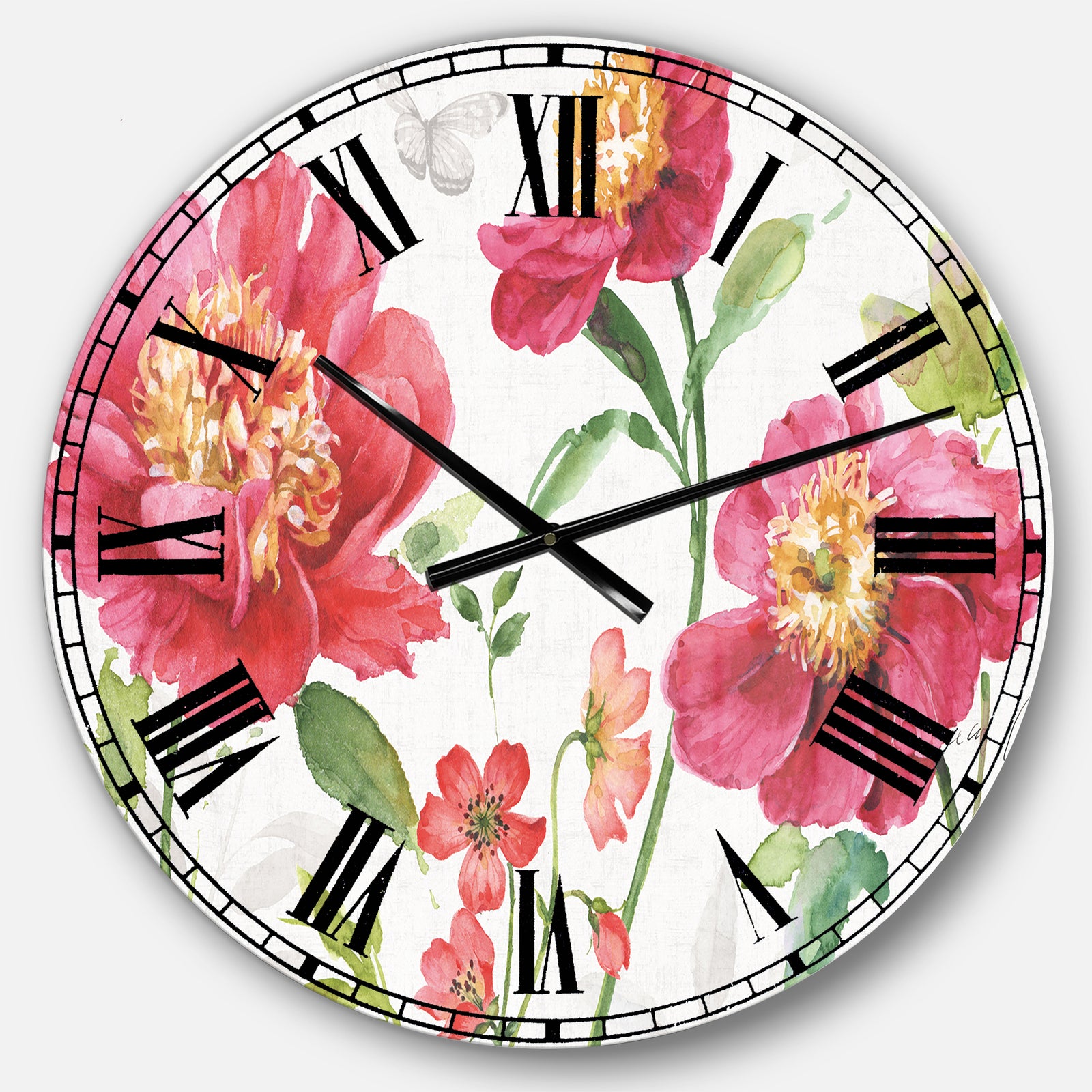 Red Spring flowers and Butterfly - Cabin & Lodge Large Wall CLock