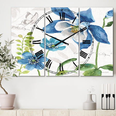 Blue Columbine Flowers With Butterfly - Cottage 3 Panels Large Wall CLock