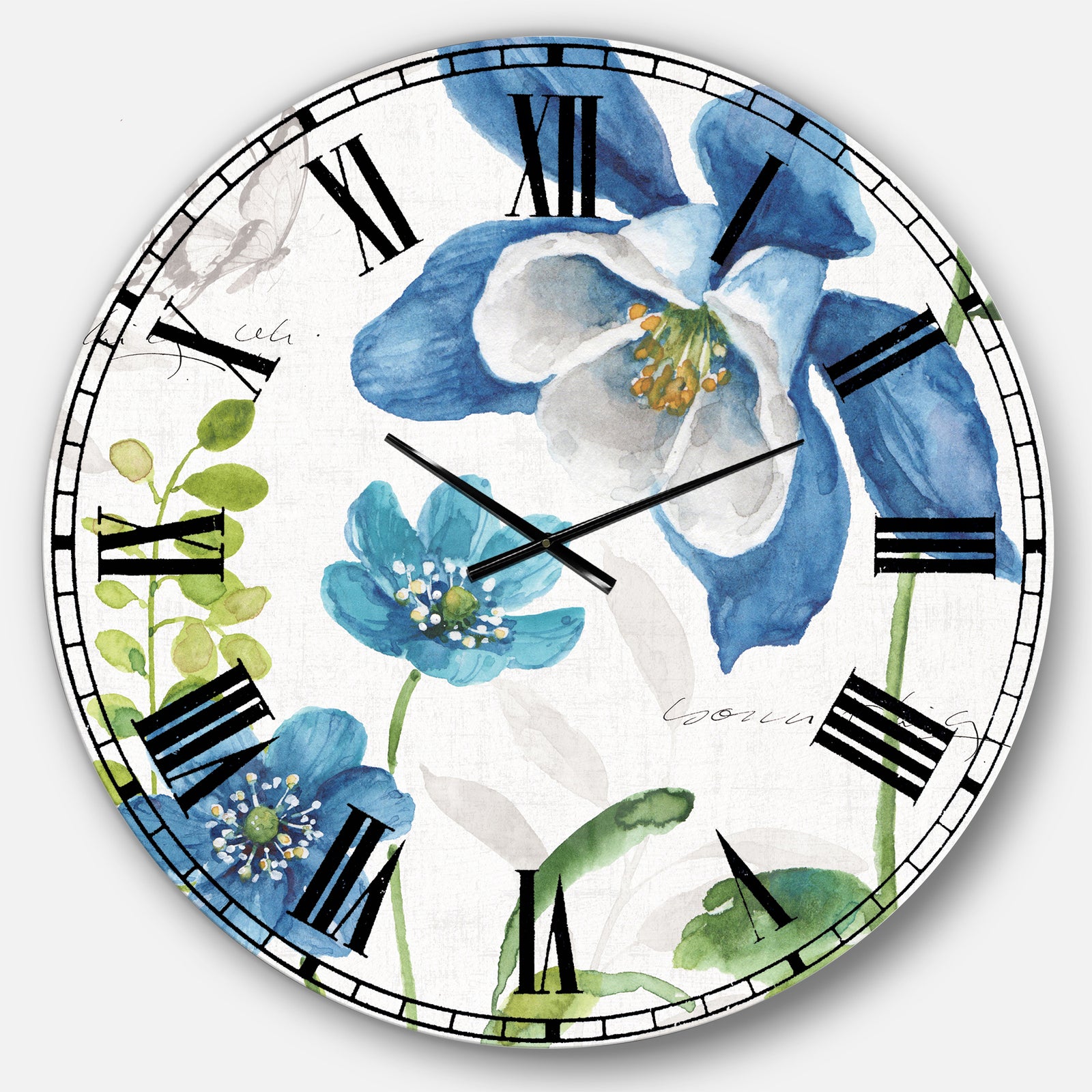 Blue Columbine Flowers With Butterfly - Cabin & Lodge Wall CLock