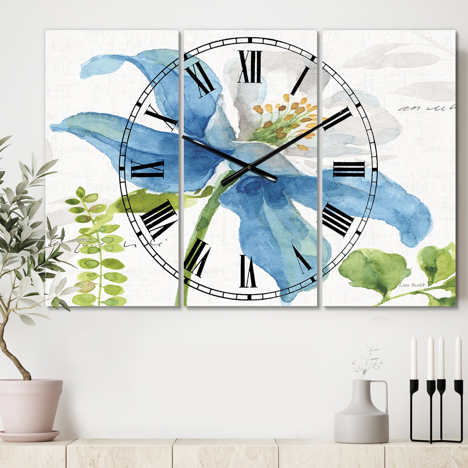 Blue Columbine Wild Flower with Ferns - Cottage 3 Panels Oversized Wall CLock