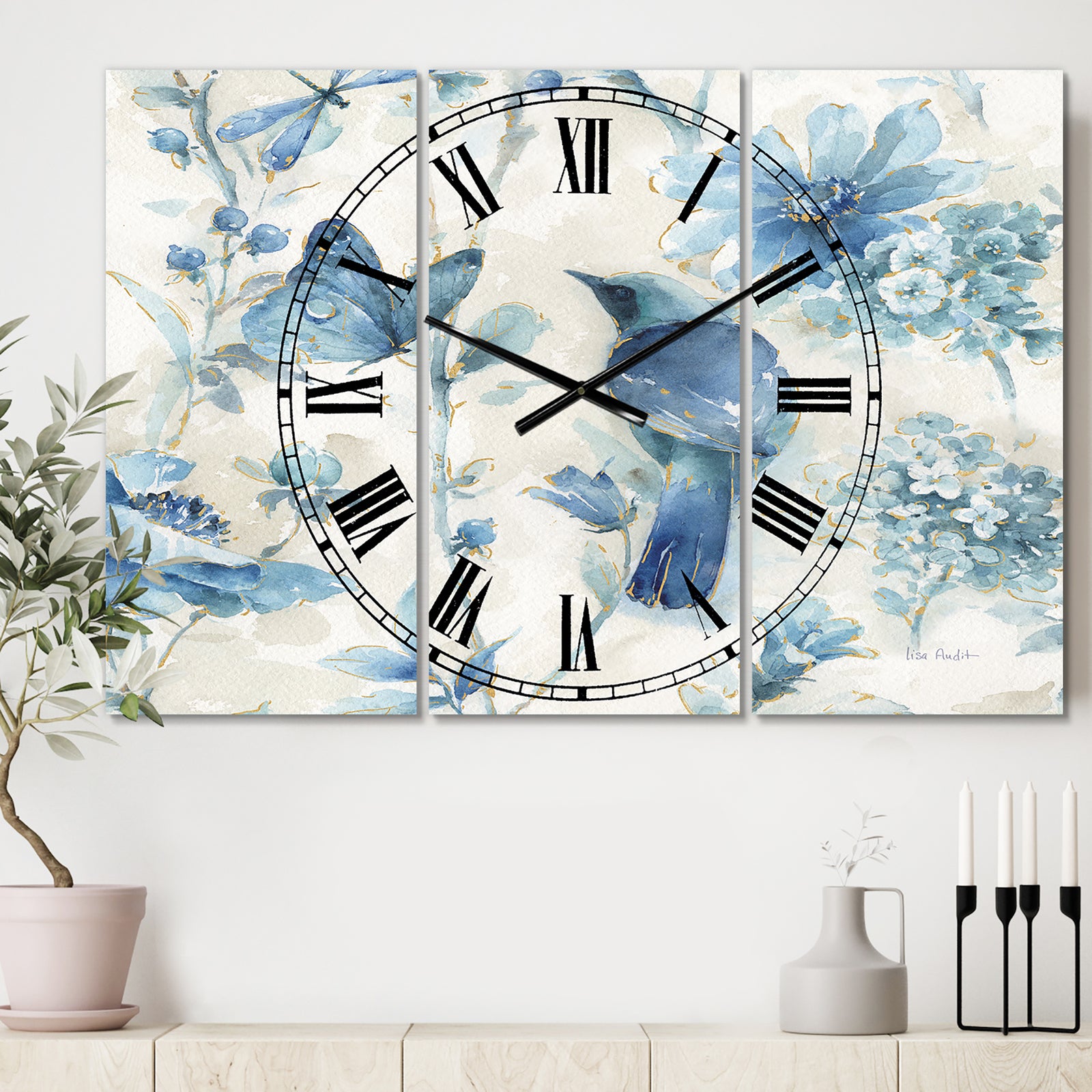 Indigold Bird Cottage Family I - Cottage 3 Panels Large Wall CLock