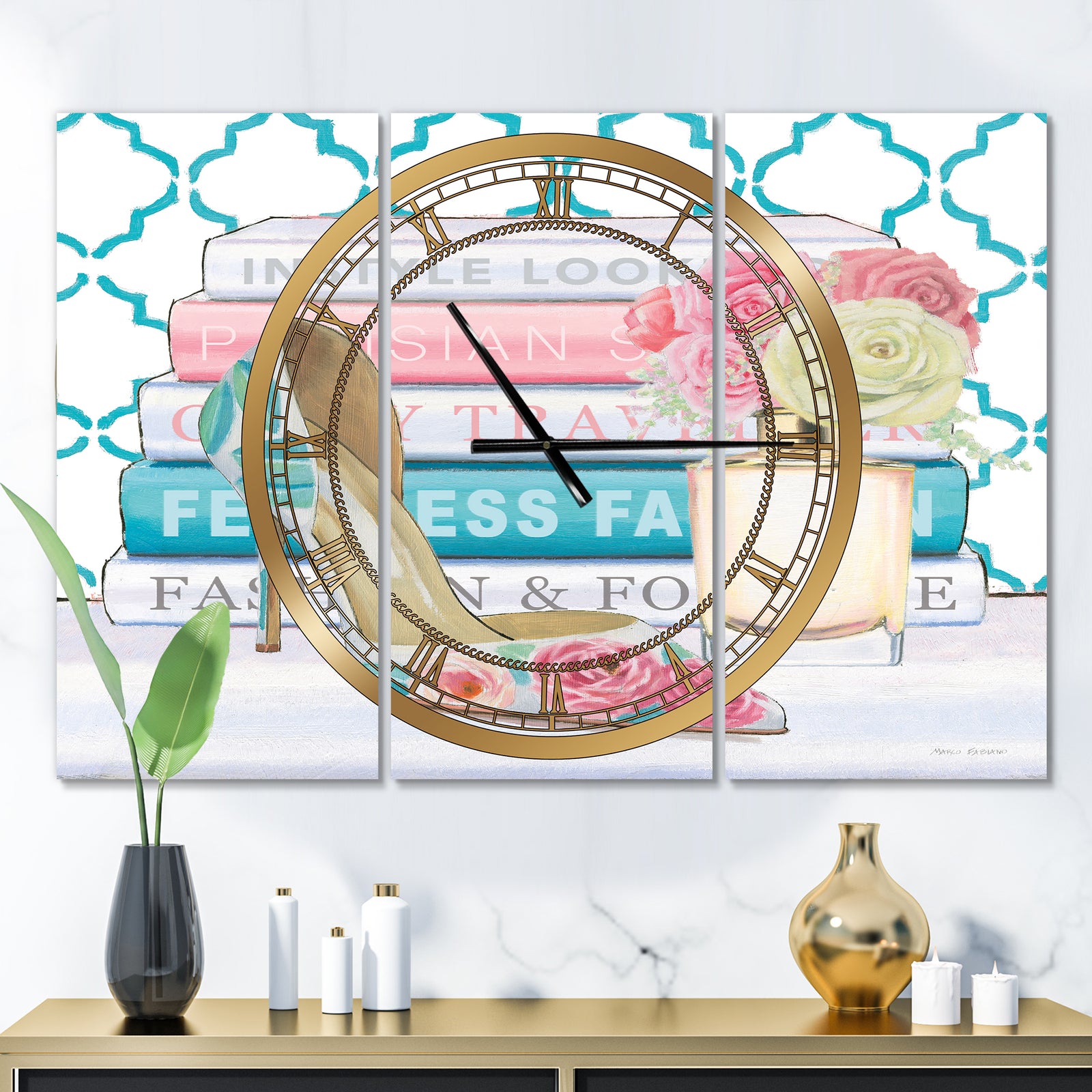 Pink Fashion high heels II - Glam 3 Panels Large Wall CLock