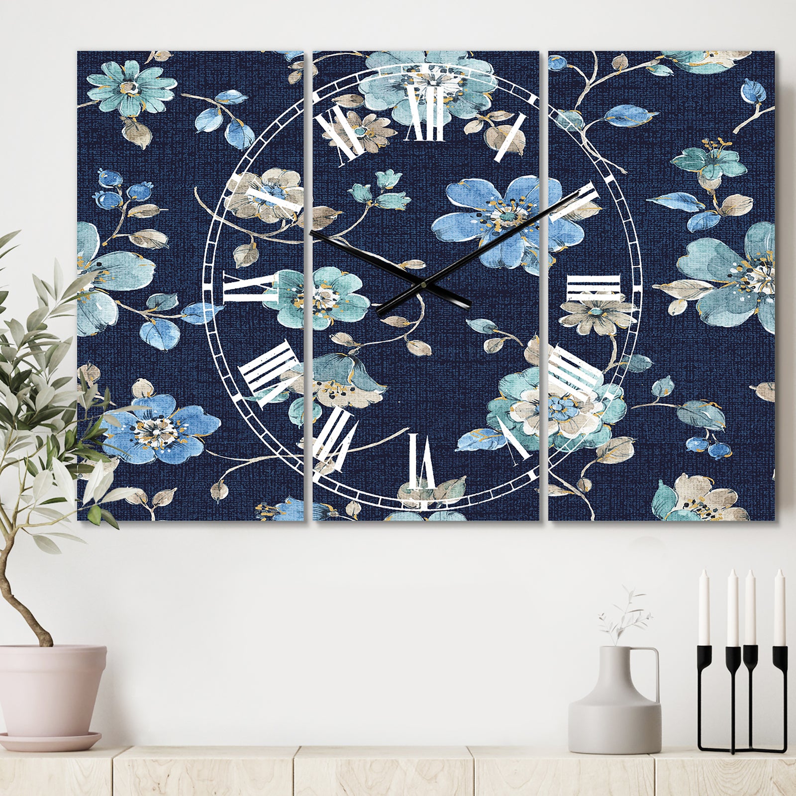 Indigold metallic Flower Pattern - Cottage 3 Panels Oversized Wall CLock