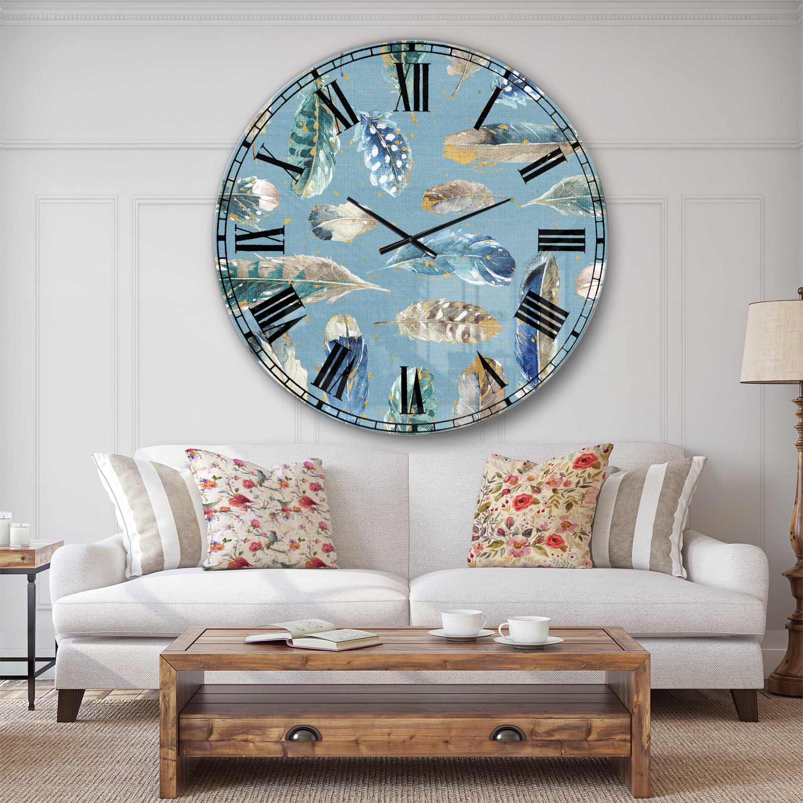 Indigold Feathers Turquoise Pattern - Floral Large Wall CLock
