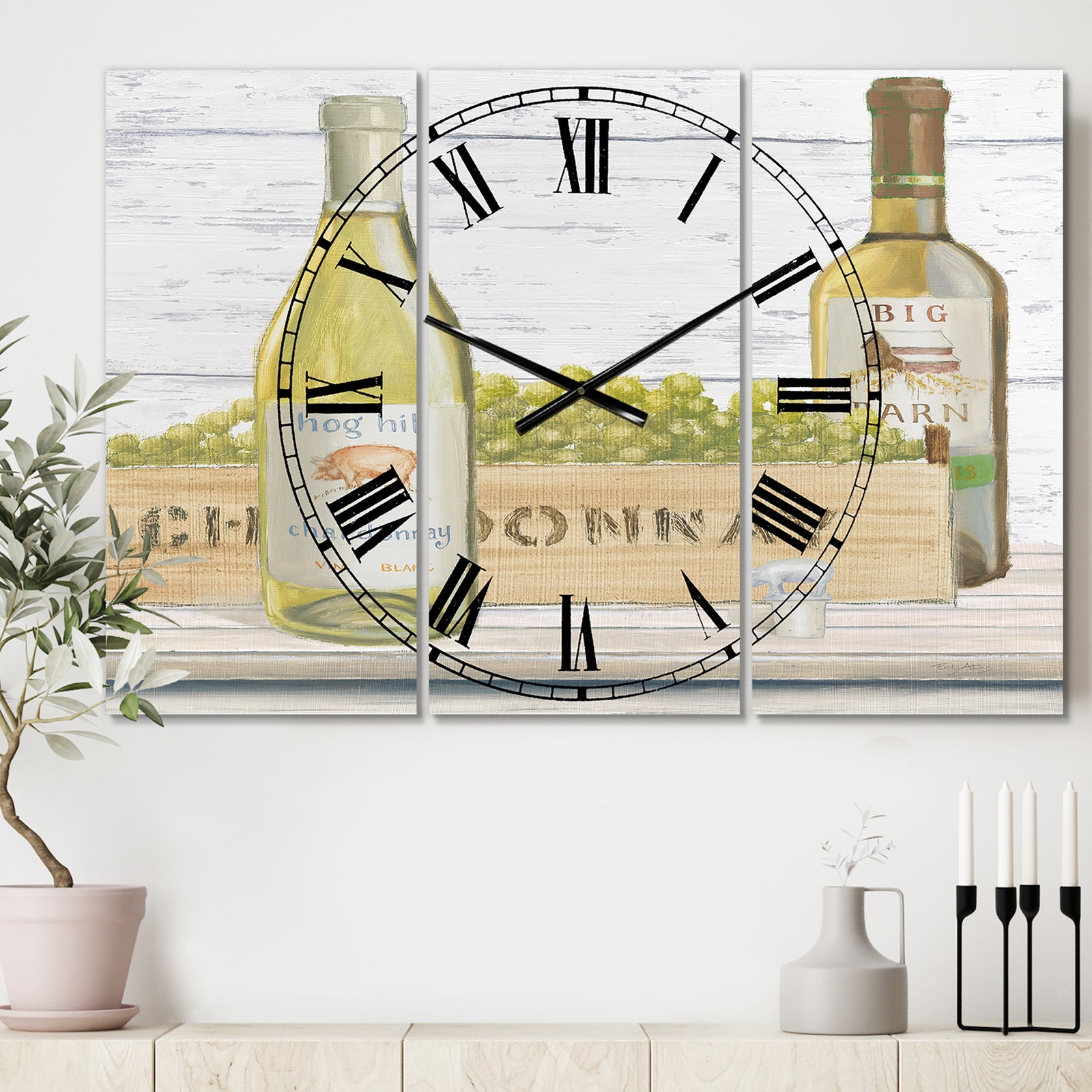 White Chardonnay Wine Bottles - Cottage 3 Panels Oversized Wall CLock