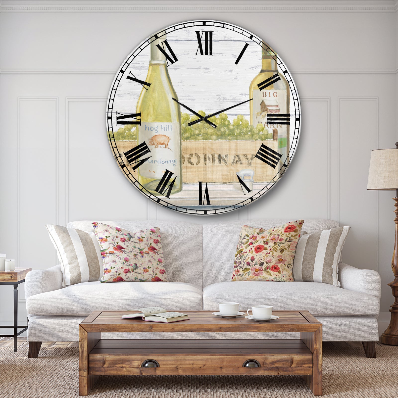 White Chardonnay Wine Bottles - Food and Beverage Oversized Wall CLock