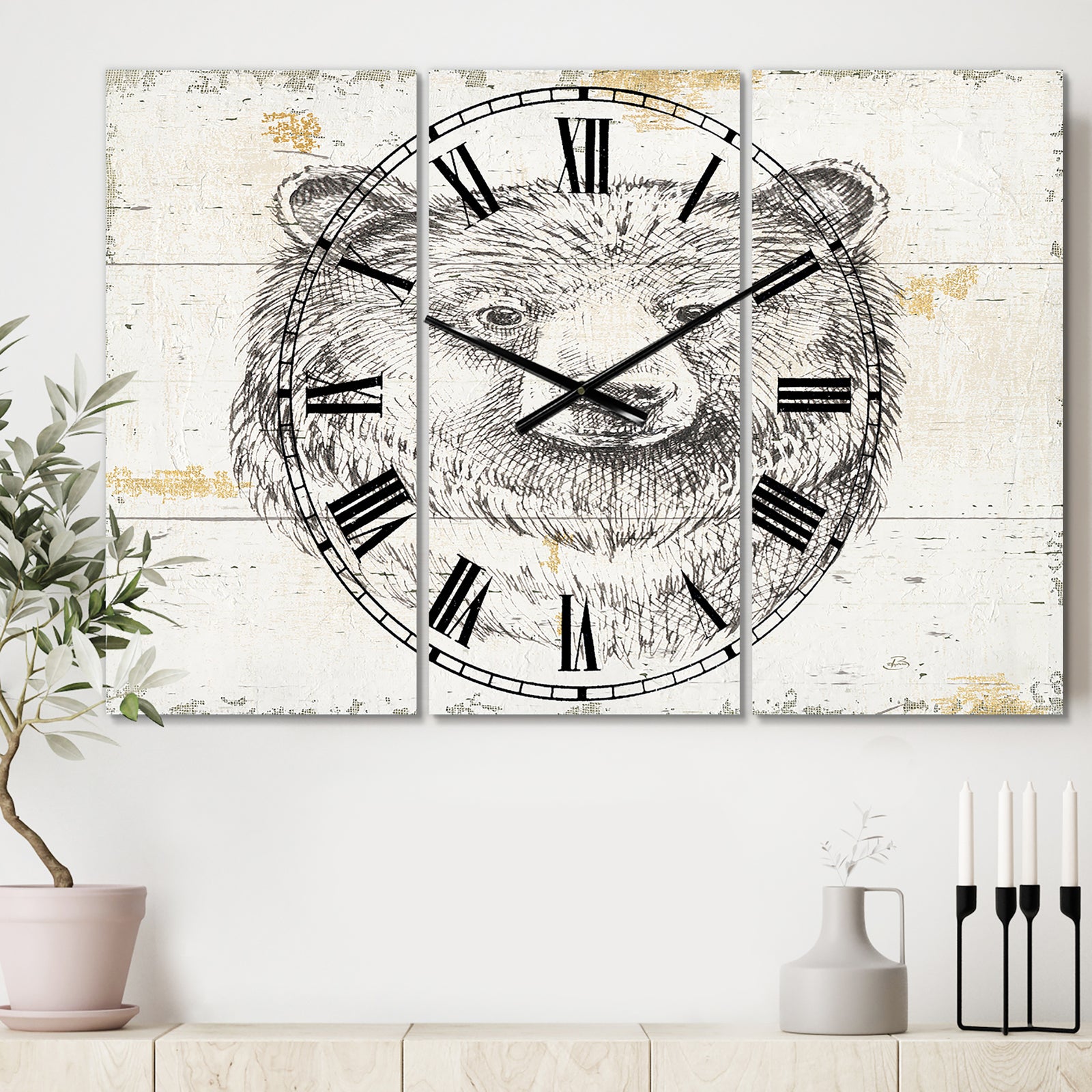 Bear Wild and Beautiful IV - Cottage 3 Panels Oversized Wall CLock