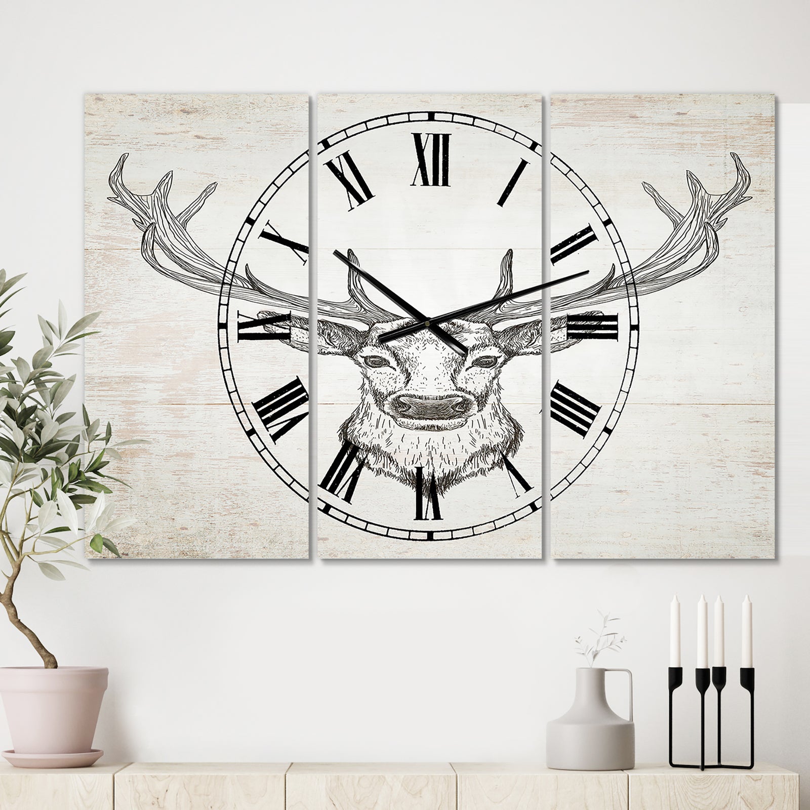 Deer Wild and Beautiful II - Cottage 3 Panels Oversized Wall CLock