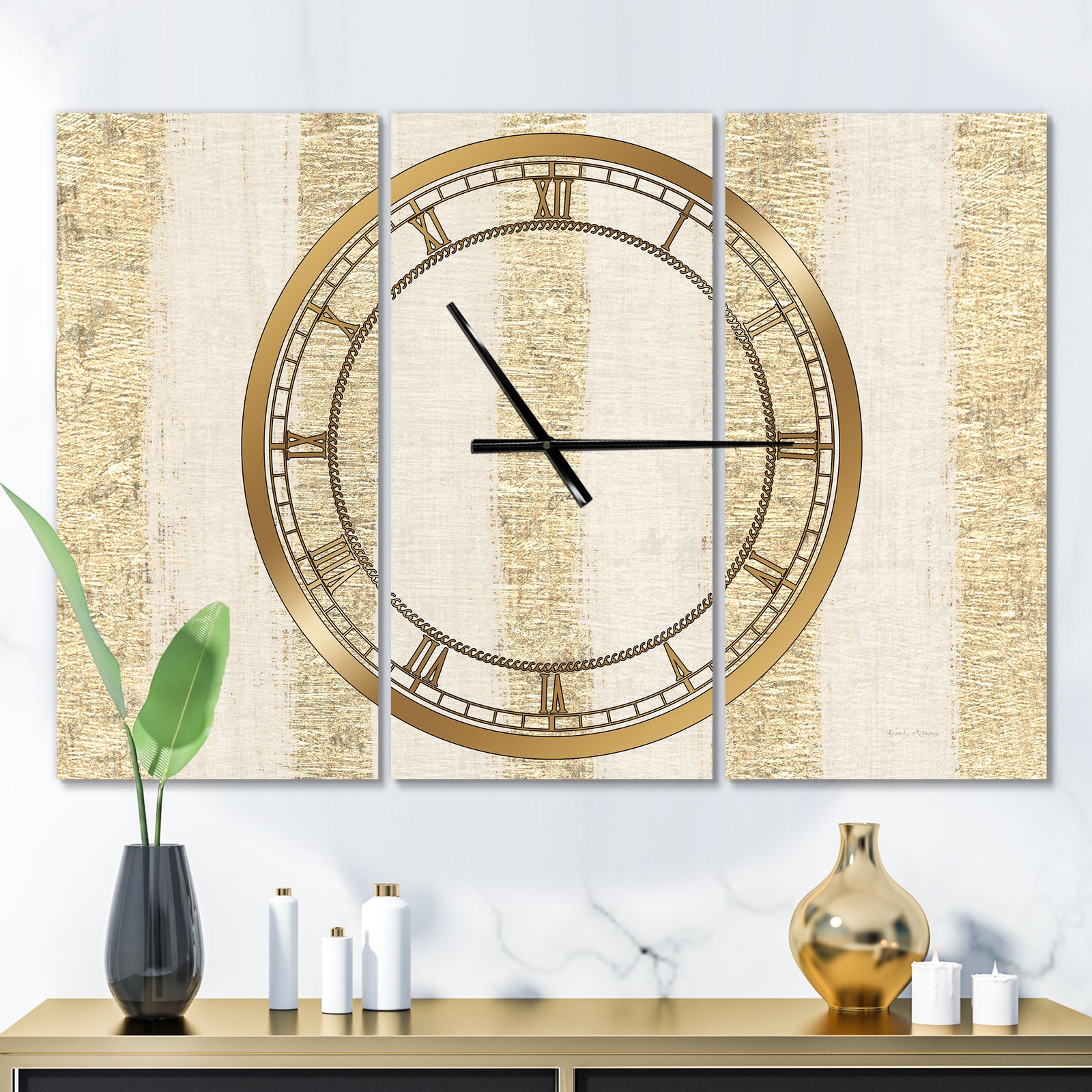Gold Glam Stipes Pattern - Glam 3 Panels Large Wall CLock