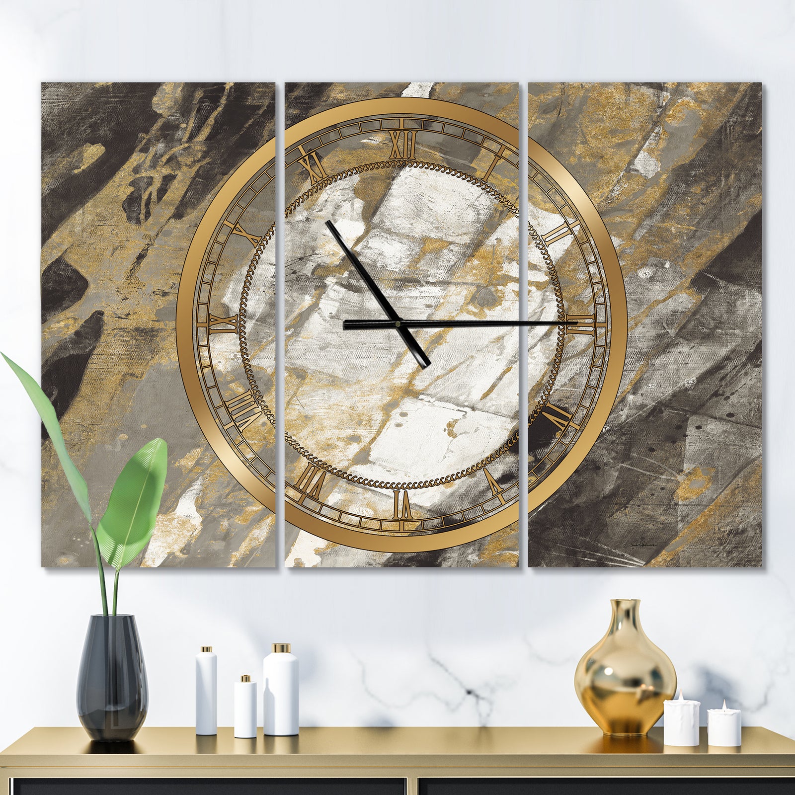 Gold, Black and White Hanpainted Abstract - Glam 3 Panels Oversized Wall CLock