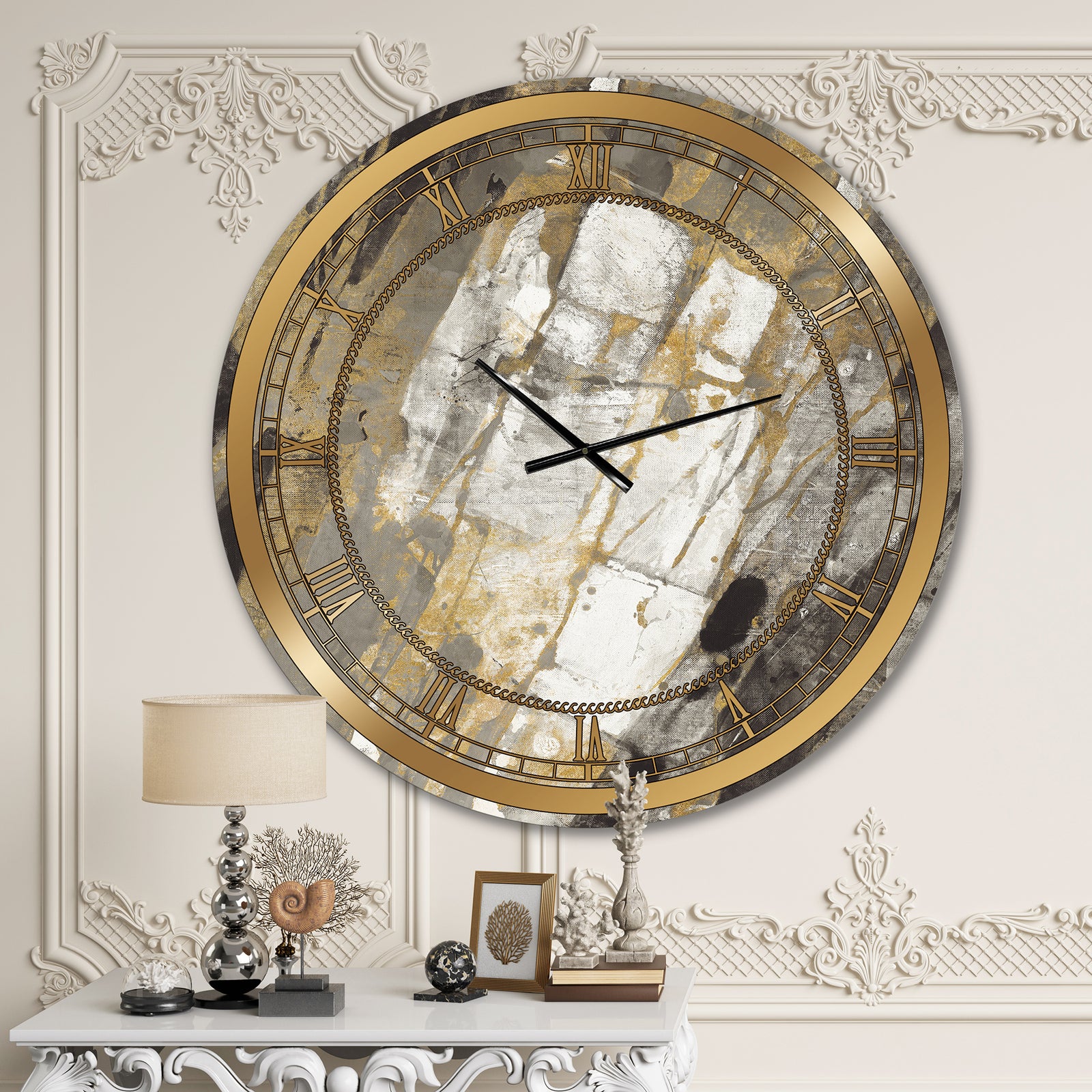 Gold, Black and White Hanpainted Abstract - Glam Large Wall CLock